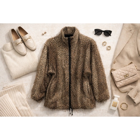 The Unbranded Brand Jackets & Blazers - Wms Reversible Leopard Faux Fur Black Jacket Size L Textured Mob Wife Aesthetic